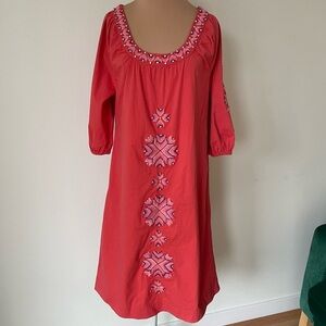 Figue Salmon Pink Stretch Cotton Puff Sleeve Embroidered Crystal Accent Dress S